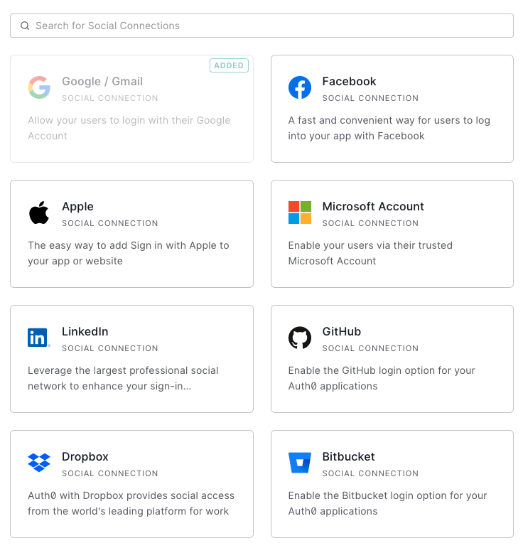 selection of available social providers on Auth0